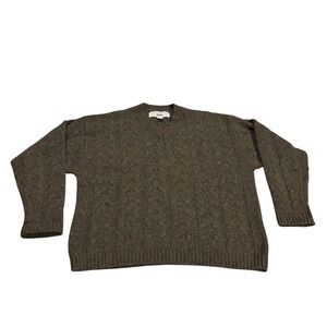 Gap Vintage Mens XL Wool Cable Knit Sweater Olive Green V-Neck Speckled